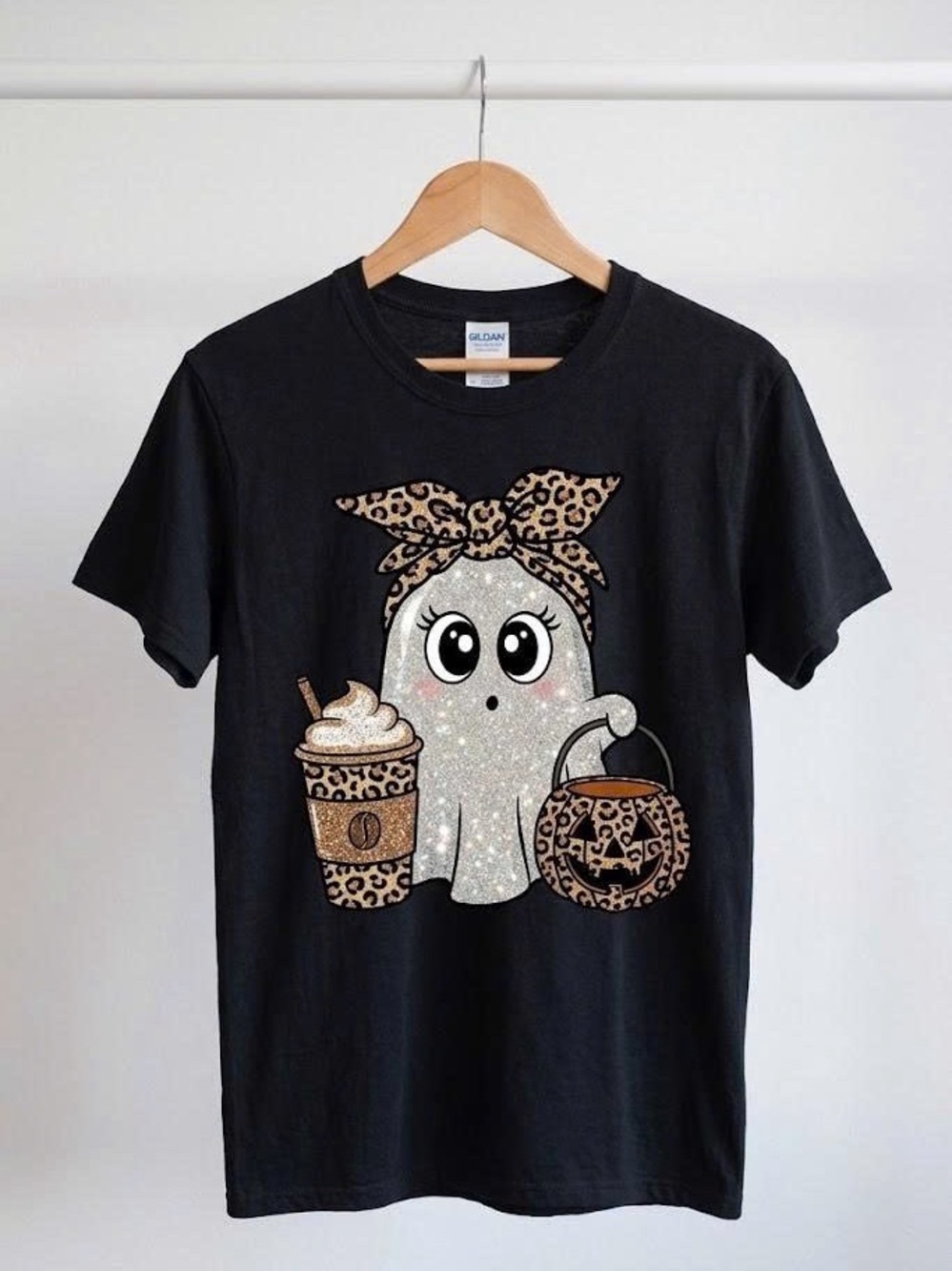 Cute Ghost Leopard Coffee Shirt Halloween Pumpkin Graphic T-Shirt